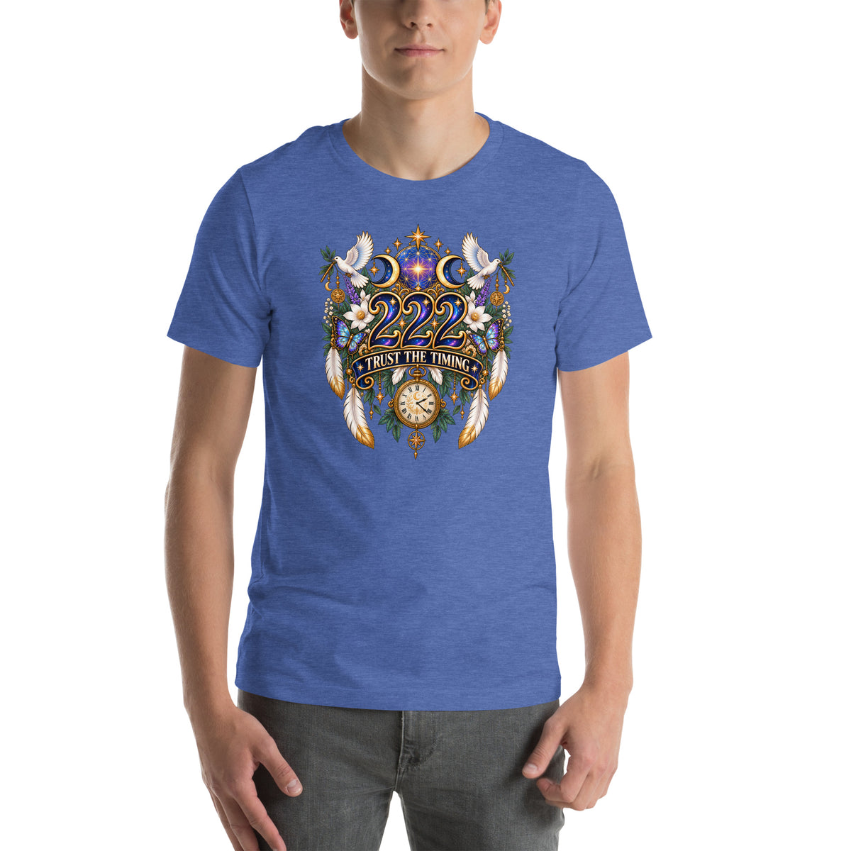 222 Trust The Timing angel number design, two white doves with olive branches, a gold pocket watch and white feathers, on a heather true royal unisex t-shirt, front view
