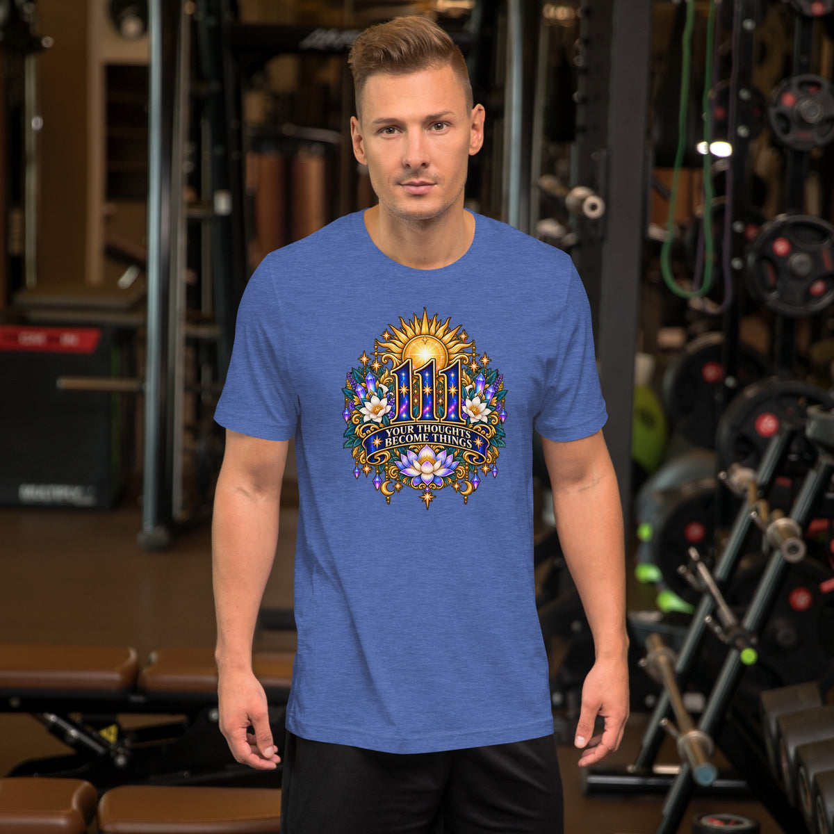 111 Thoughts Become Things angel number design, a golden sunburst with white lotus flowers and amethyst crystals, on a heather true royal unisex t-shirt, front view