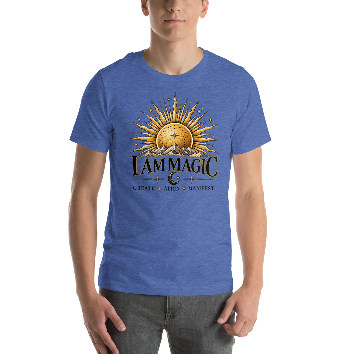 I Am Magic design with a gold sun face, Be Magical collection, on a heather true royal unisex t-shirt, front view