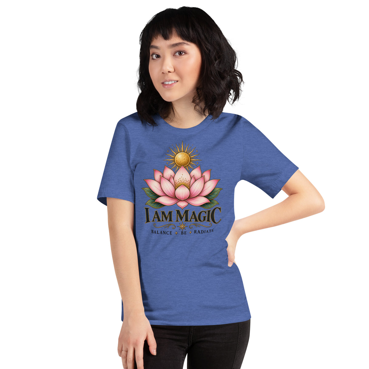 I Am Magic design with a gold lotus, Be Magical collection, on a heather true royal unisex t-shirt, front view