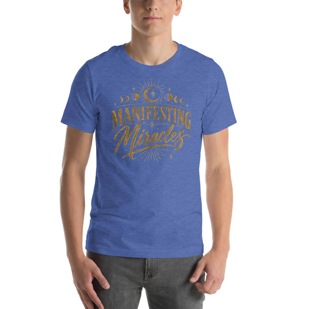 Manifesting Miracles design with moon phases in antique gold, on a heather true royal unisex t-shirt, front view