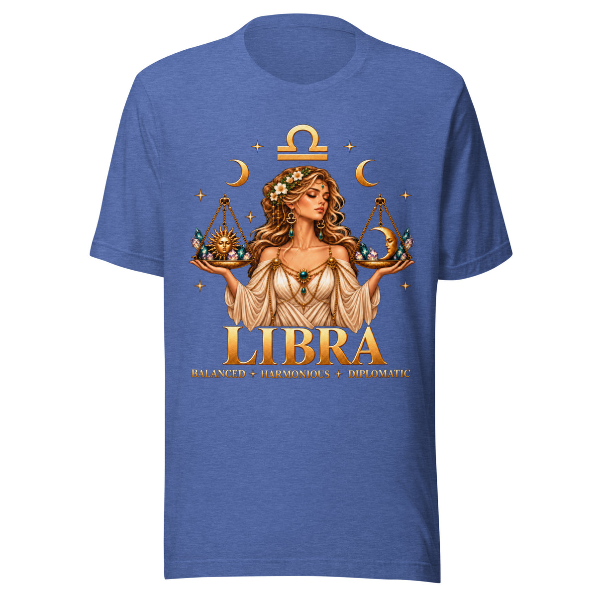 Libra zodiac t-shirt in heather true royal, front: a woman holding golden scales in a night sky of gold stars with the Libra glyph