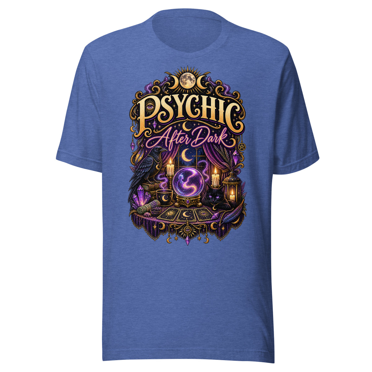Psychic After Dark neon design, a black cat with a crystal ball, tarot cards and books, on a heather true royal unisex t-shirt, front view