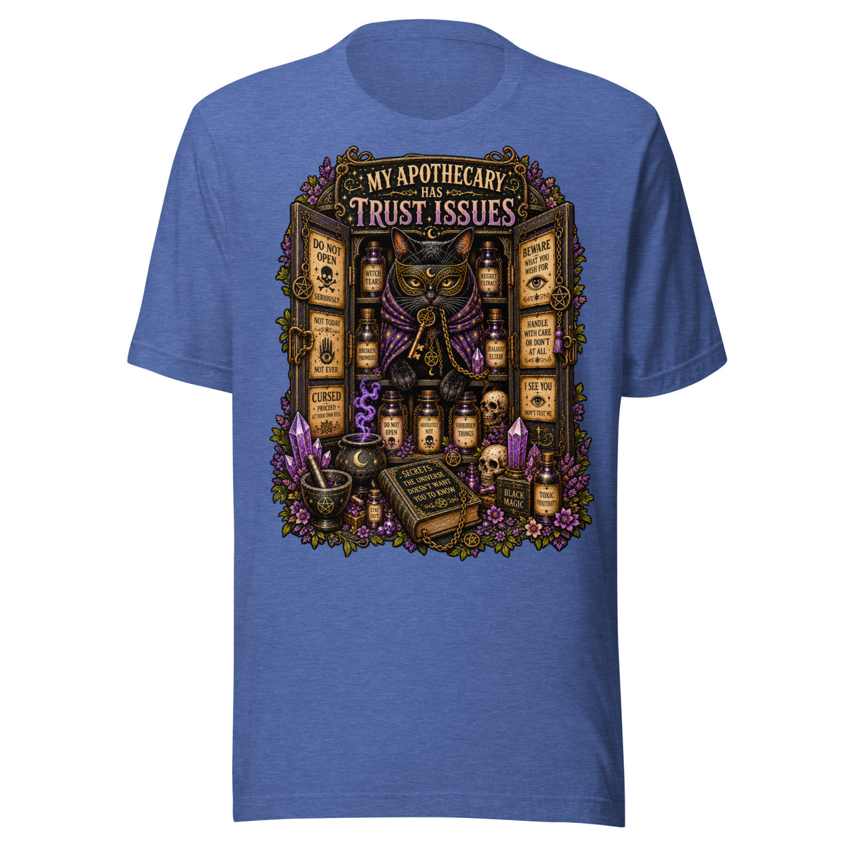 My Apothecary Has Trust Issues design, a masked black cat guarding a cabinet of labeled potions, on a heather true royal unisex t-shirt, front view