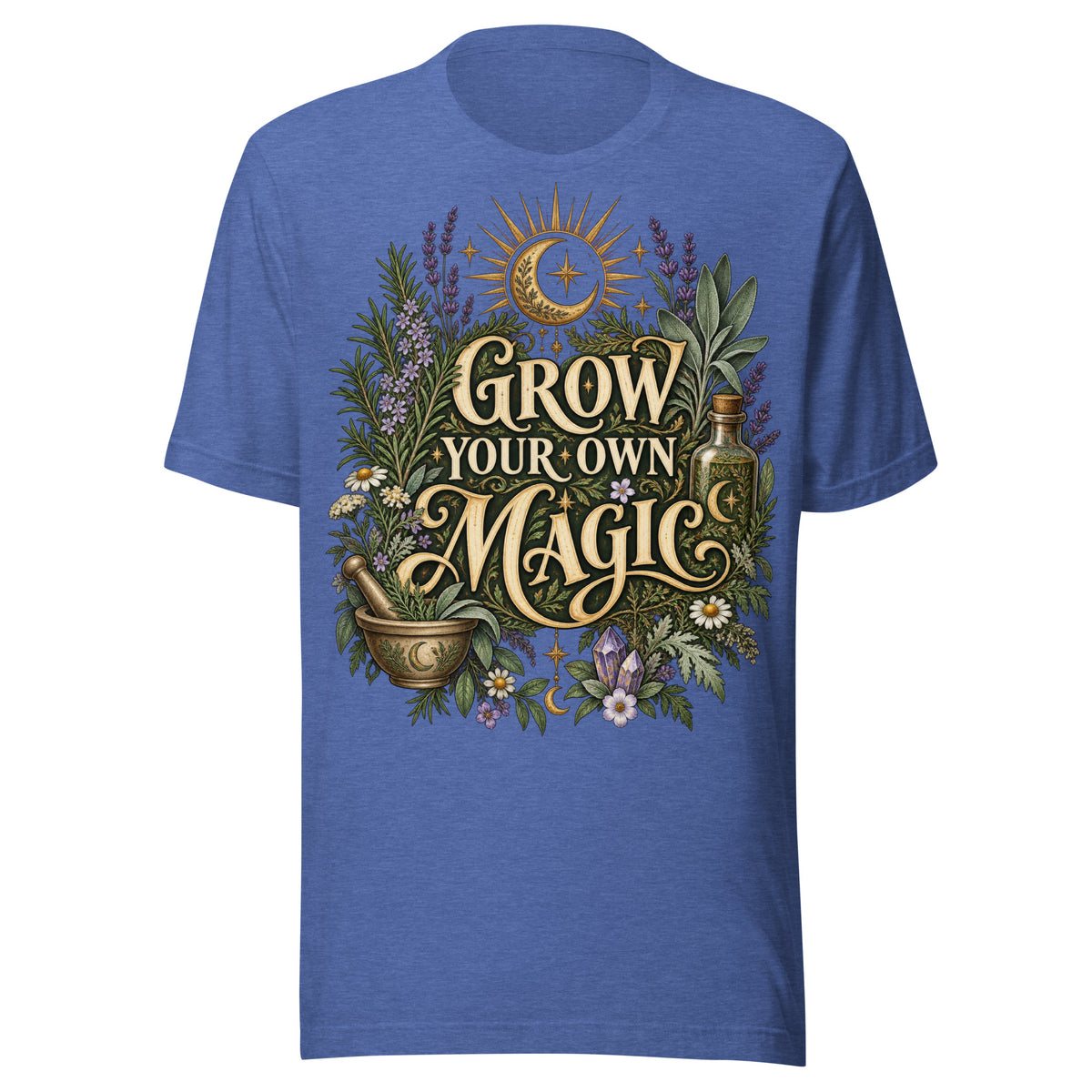 Grow Your Own Magic herbology design, herbs and a golden moon, on a heather true royal unisex t-shirt, front view