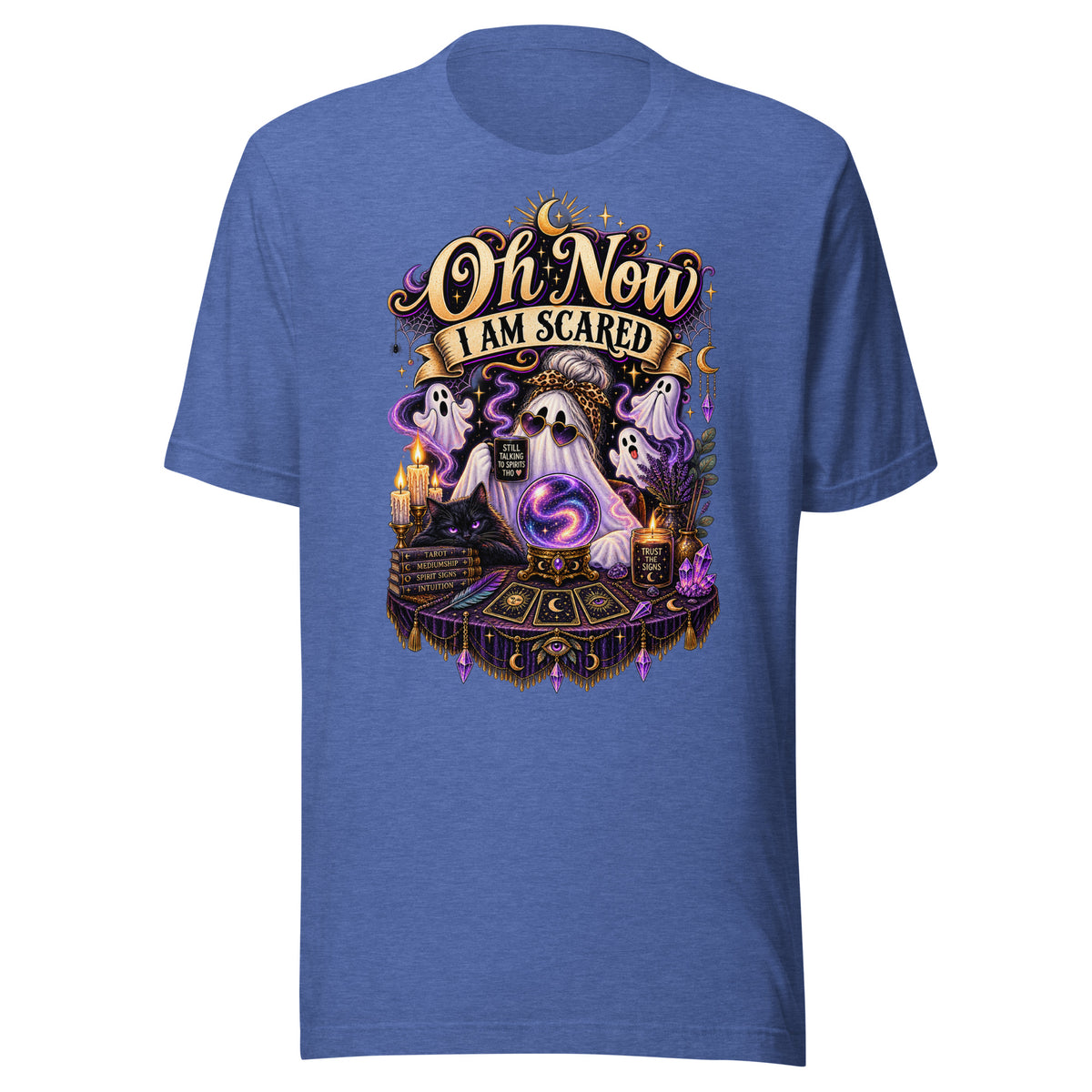 Oh Now I Am Scared design, a ghost in heart sunglasses reading a crystal ball with tarot cards, on a heather true royal unisex t-shirt, front view