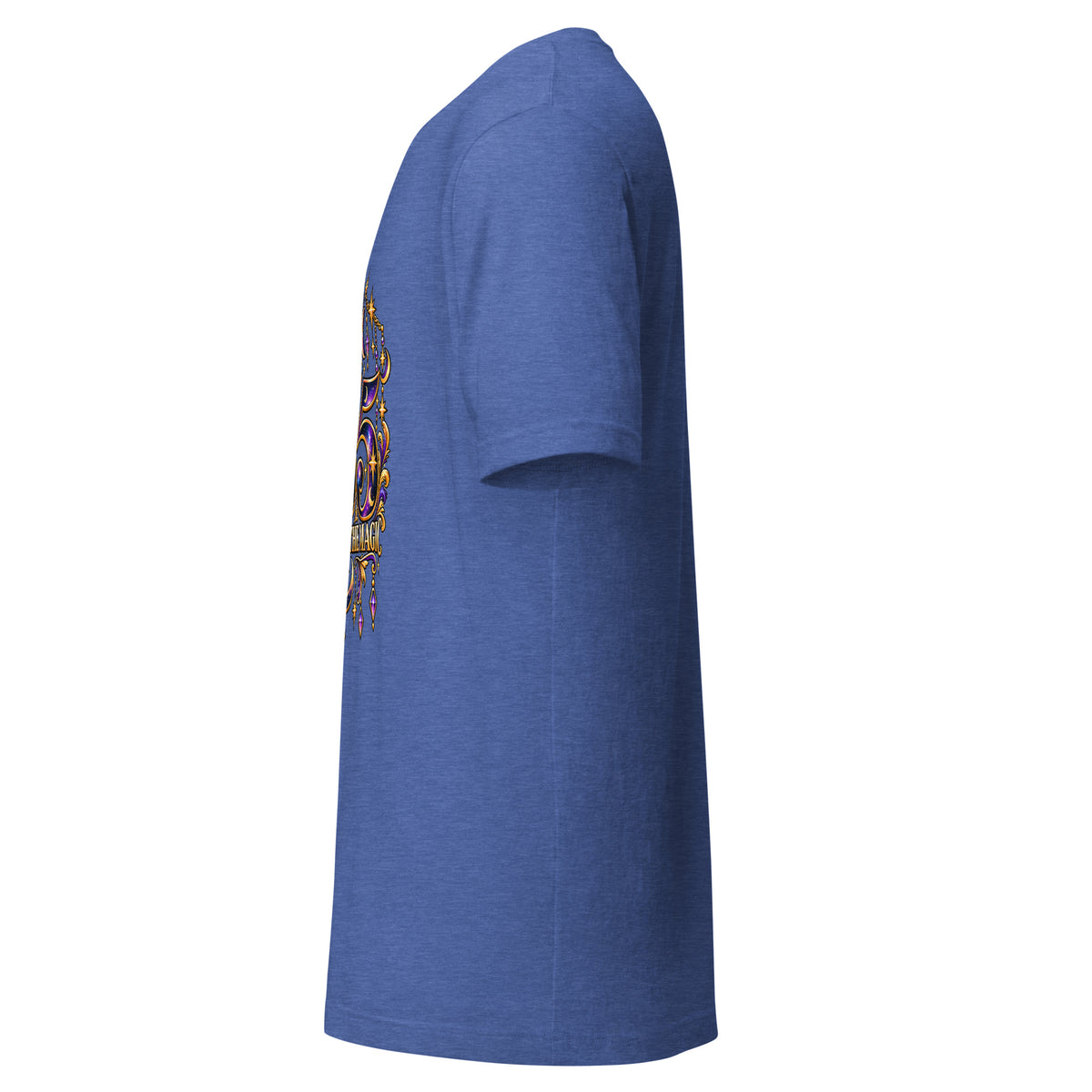 555 Becoming Is The Magic angel number design, a full moon between two crescents, hung with gold chains and amethyst drops, on a heather true royal unisex t-shirt, left side view