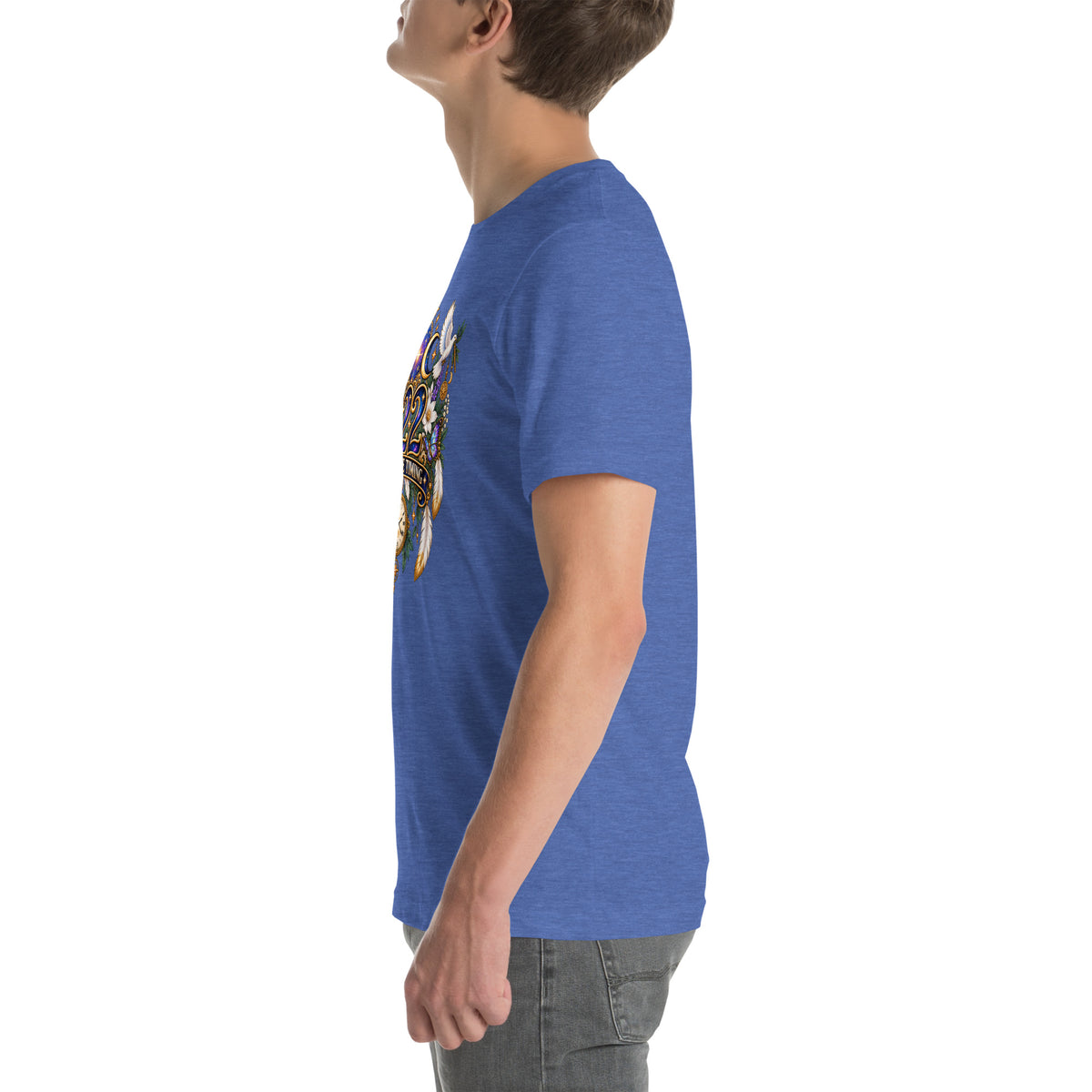 222 Trust The Timing angel number design, two white doves with olive branches, a gold pocket watch and white feathers, on a heather true royal unisex t-shirt, left side view