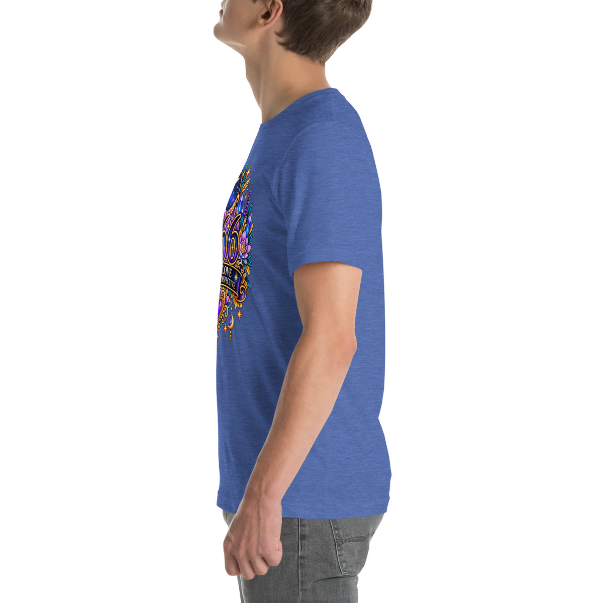 666 More Love angel number design, a crescent moon over a starry orb, with purple lotus flowers and blue crystals, on a heather true royal unisex t-shirt, left side view