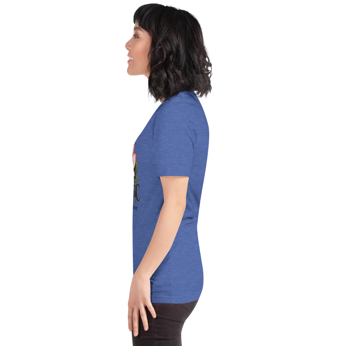 I Am Magic design with a gold lotus, Be Magical collection, on a heather true royal unisex t-shirt, left side view