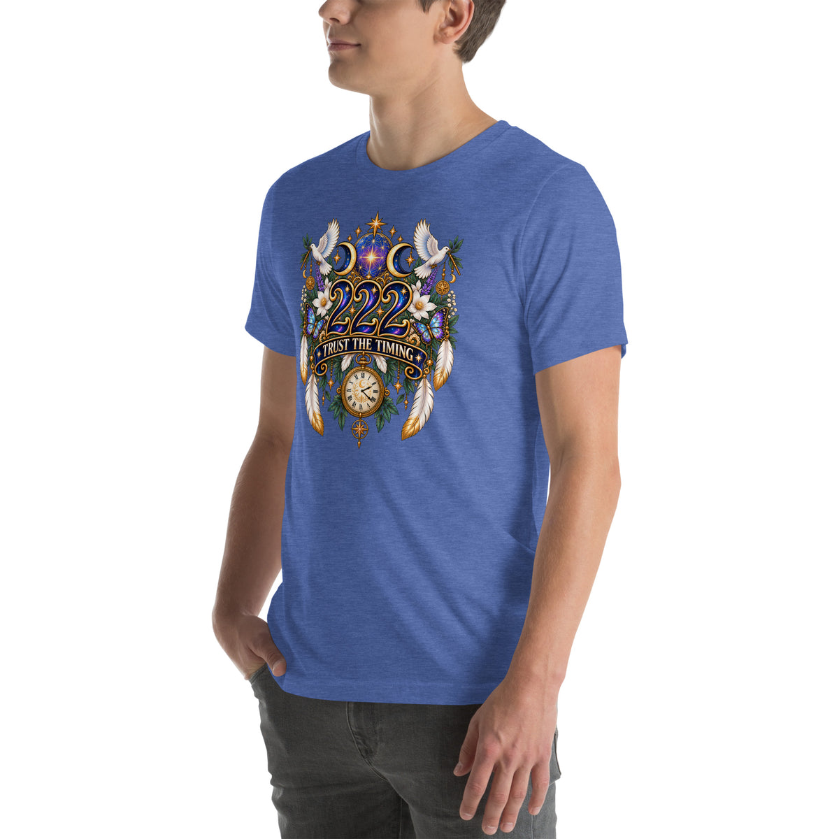 222 Trust The Timing angel number design, two white doves with olive branches, a gold pocket watch and white feathers, on a heather true royal unisex t-shirt, left front view
