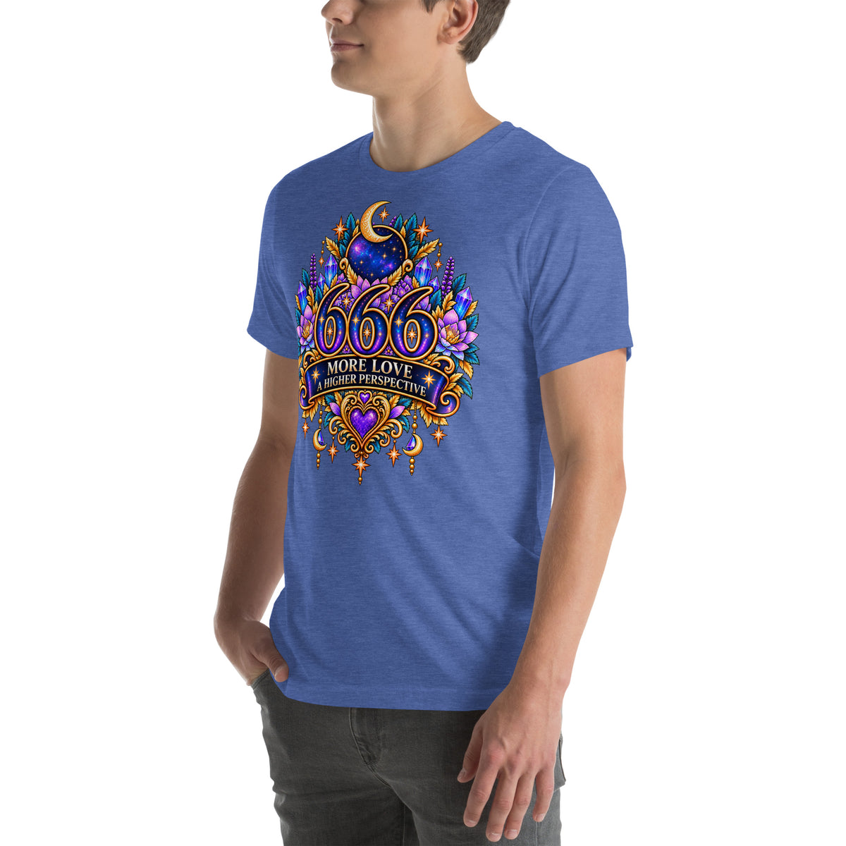 666 More Love angel number design, a crescent moon over a starry orb, with purple lotus flowers and blue crystals, on a heather true royal unisex t-shirt, left front view
