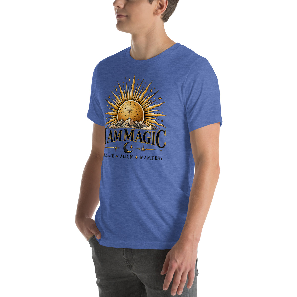 I Am Magic design with a gold sun face, Be Magical collection, on a heather true royal unisex t-shirt, angled left front view