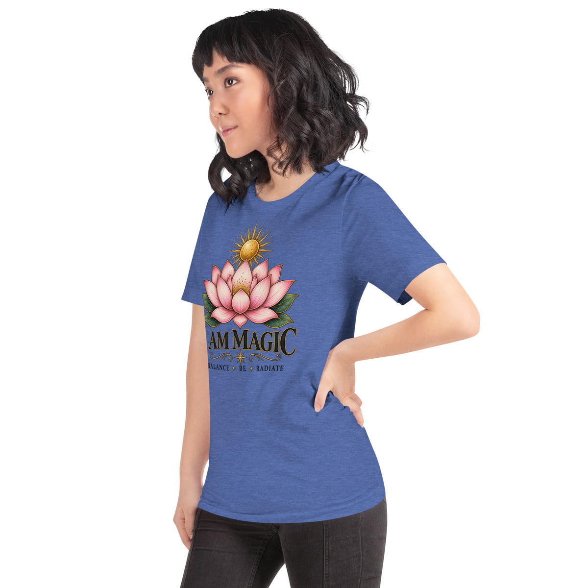 I Am Magic design with a gold lotus, Be Magical collection, on a heather true royal unisex t-shirt, angled left front view