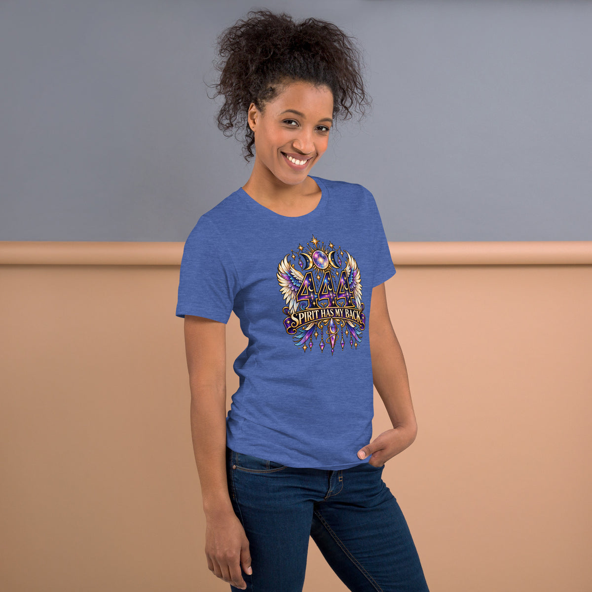 444 Spirit Has My Back angel number design, angel wings flanking the number beneath a galaxy orb and crescent moons, on a heather true royal unisex t-shirt, right side view