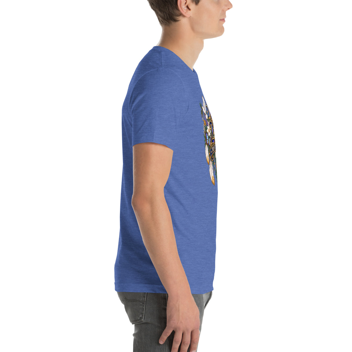 222 Trust The Timing angel number design, two white doves with olive branches, a gold pocket watch and white feathers, on a heather true royal unisex t-shirt, right side view