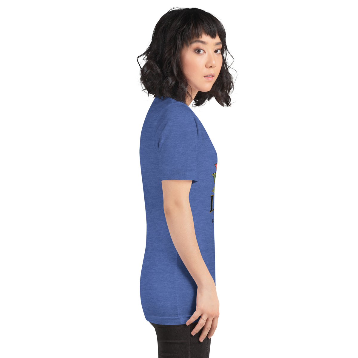 I Am Magic design with a gold lotus, Be Magical collection, on a heather true royal unisex t-shirt, right side view