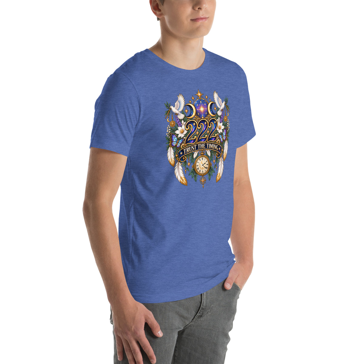 222 Trust The Timing angel number design, two white doves with olive branches, a gold pocket watch and white feathers, on a heather true royal unisex t-shirt, right front view