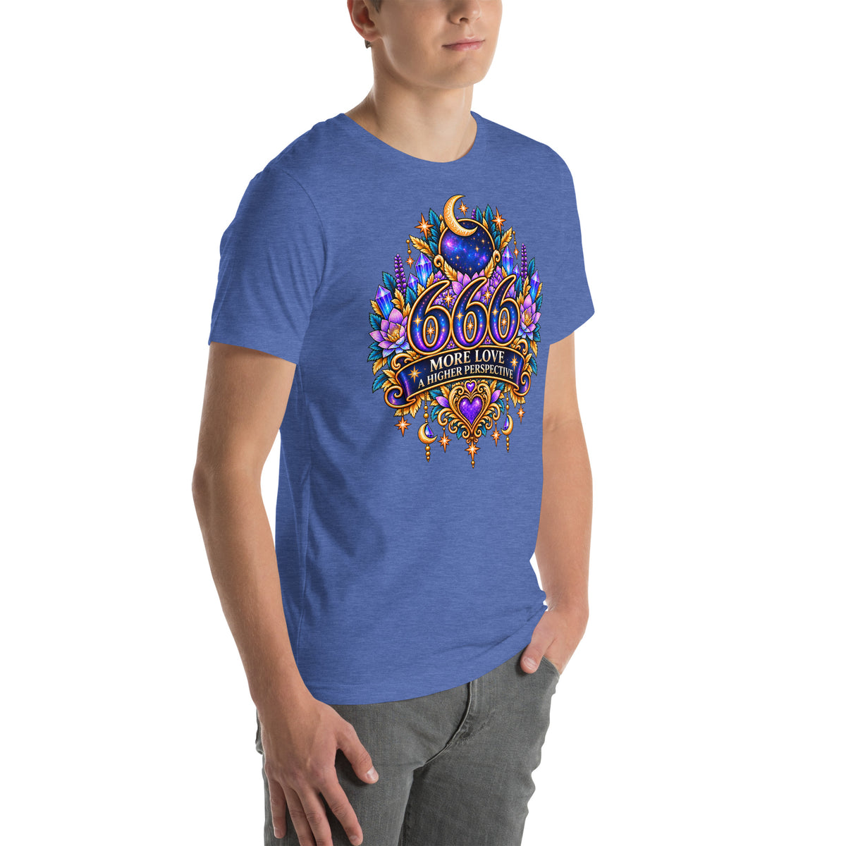 666 More Love angel number design, a crescent moon over a starry orb, with purple lotus flowers and blue crystals, on a heather true royal unisex t-shirt, right front view