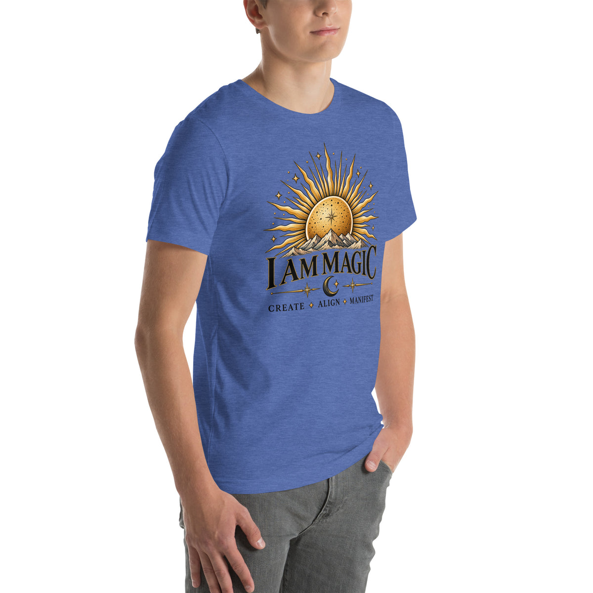 I Am Magic design with a gold sun face, Be Magical collection, on a heather true royal unisex t-shirt, angled right front view