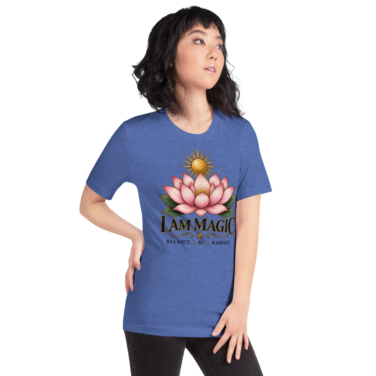 I Am Magic design with a gold lotus, Be Magical collection, on a heather true royal unisex t-shirt, angled right front view