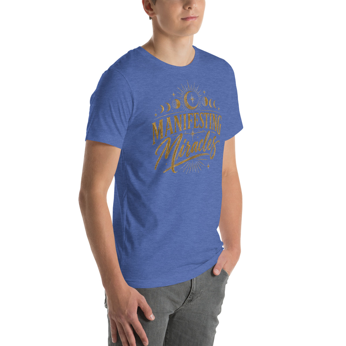Manifesting Miracles design with moon phases in antique gold, on a heather true royal unisex t-shirt, angled right front view