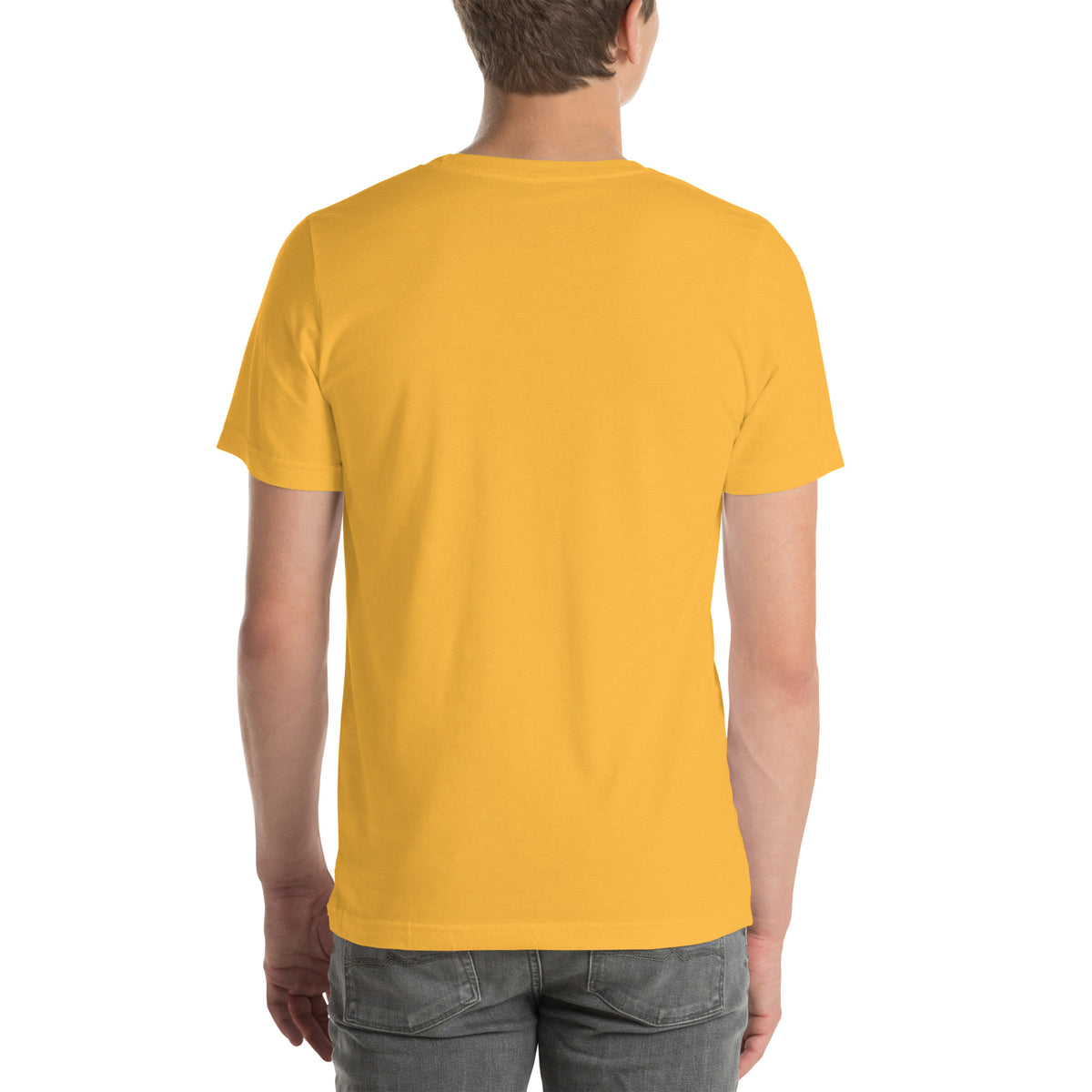 Trust the Signs design, a receipt from the Universe listing the angel numbers and their meanings, with a crystal ball and a candle, on a heather yellow gold unisex t-shirt, back view
