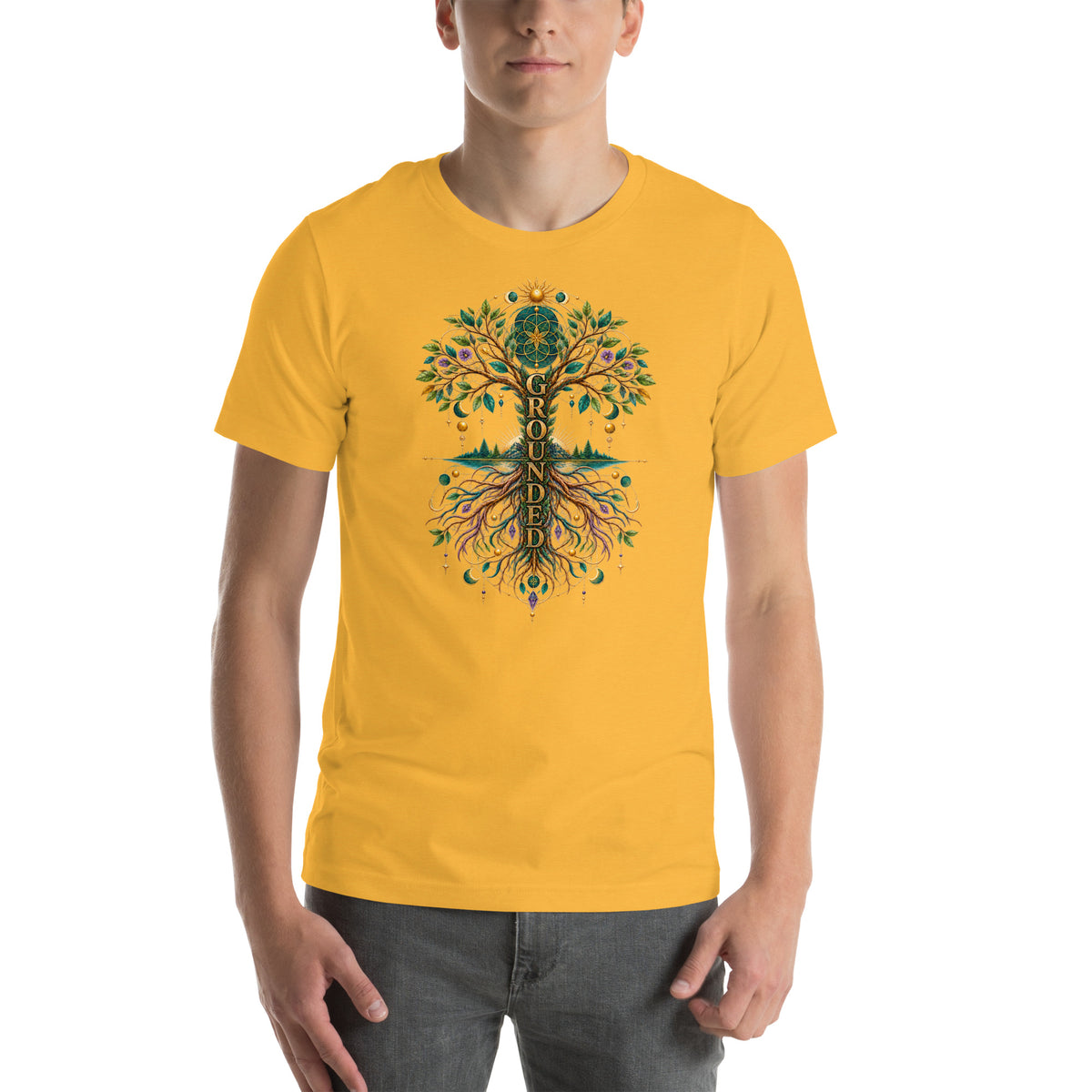 Grounded in Divine Energy design, on a heather yellow gold unisex t-shirt, front view