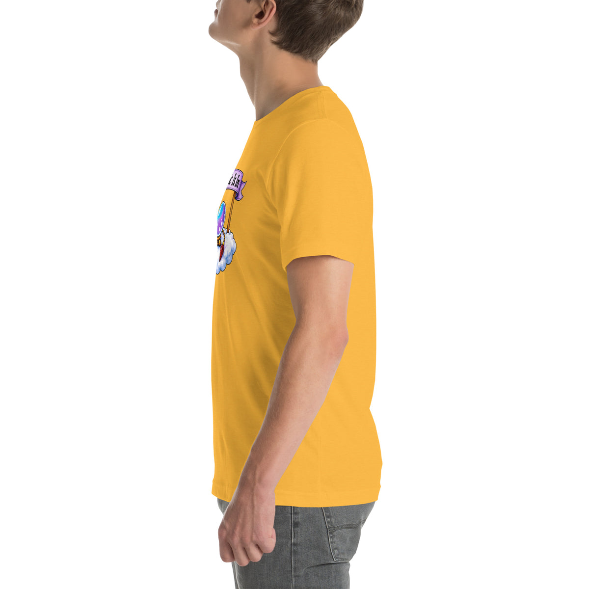 Psychic Is In design, playful floating clouds beneath a banner that reads Psychic Is Open for Business, on a heather yellow gold unisex t-shirt, left side view