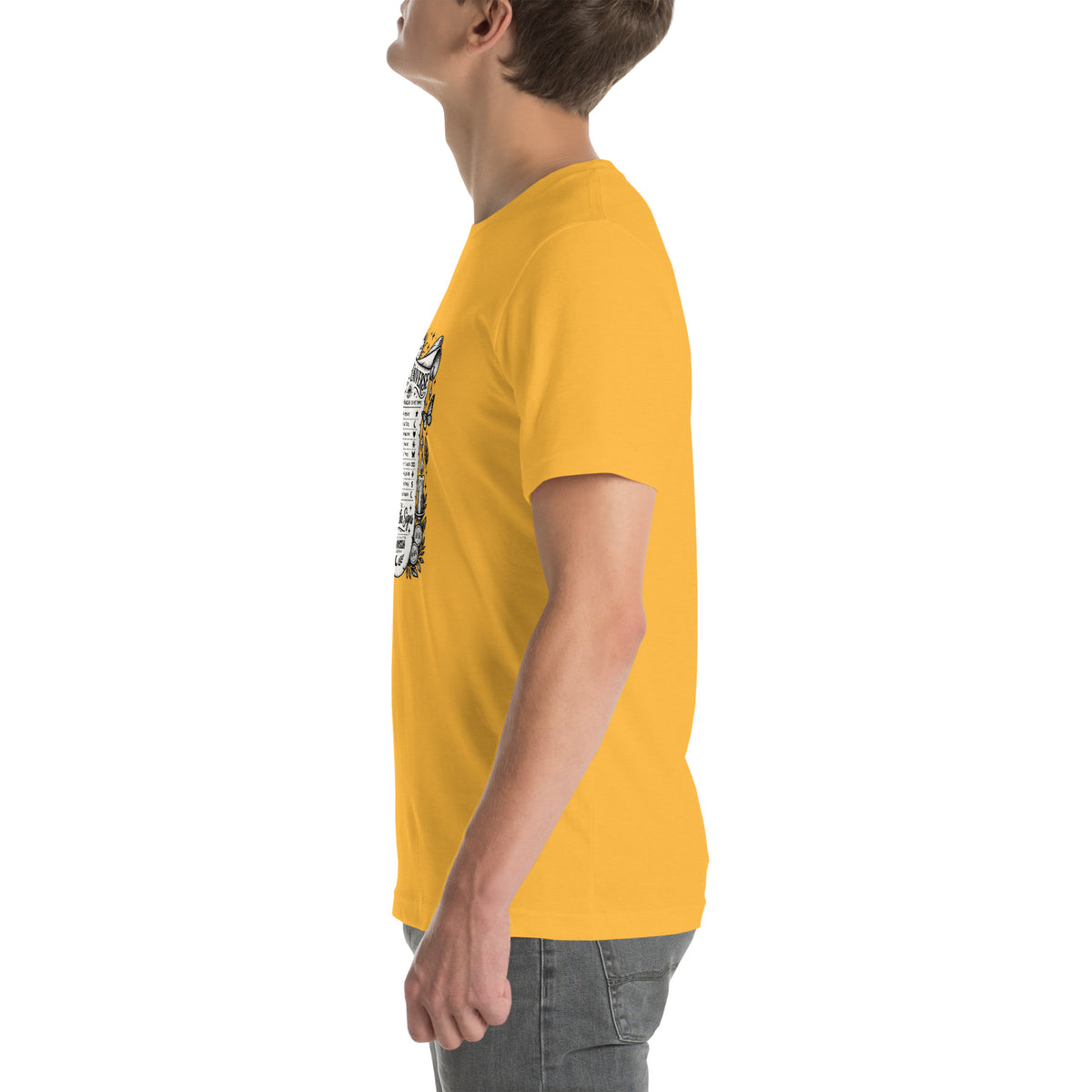 Trust the Signs design, a receipt from the Universe listing the angel numbers and their meanings, with a crystal ball and a candle, on a heather yellow gold unisex t-shirt, left side view