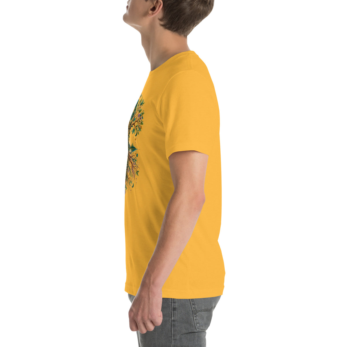 Grounded in Divine Energy design, on a heather yellow gold unisex t-shirt, left side view
