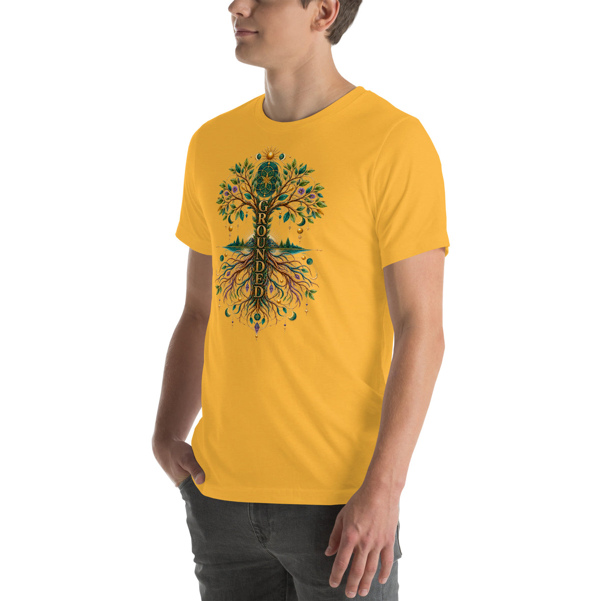Grounded in Divine Energy design, on a heather yellow gold unisex t-shirt, angled left front view