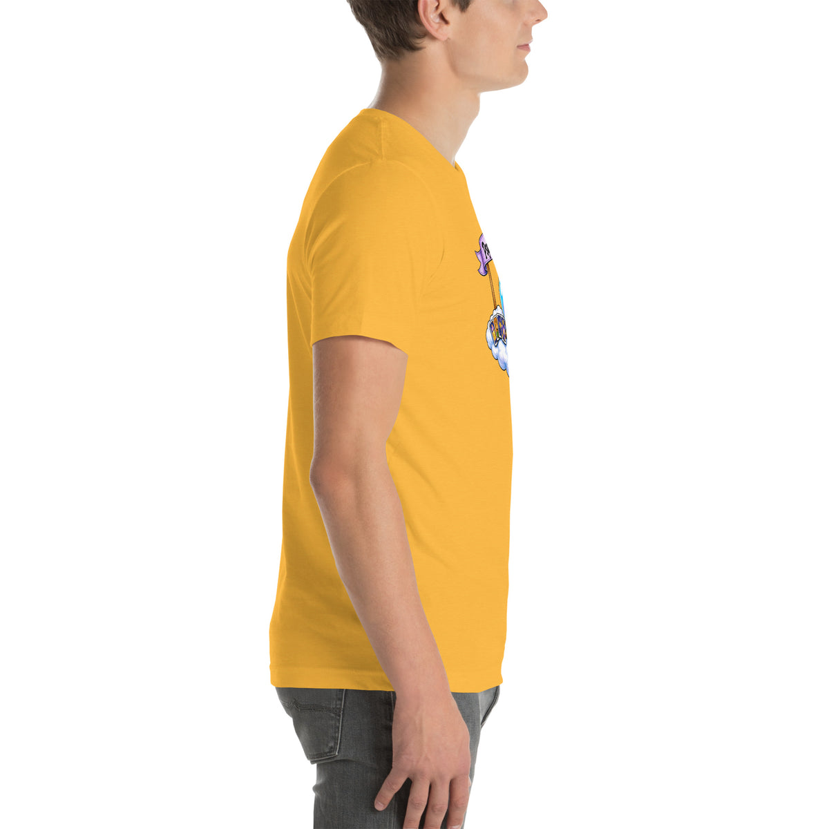 Psychic Is In design, playful floating clouds beneath a banner that reads Psychic Is Open for Business, on a heather yellow gold unisex t-shirt, right side view