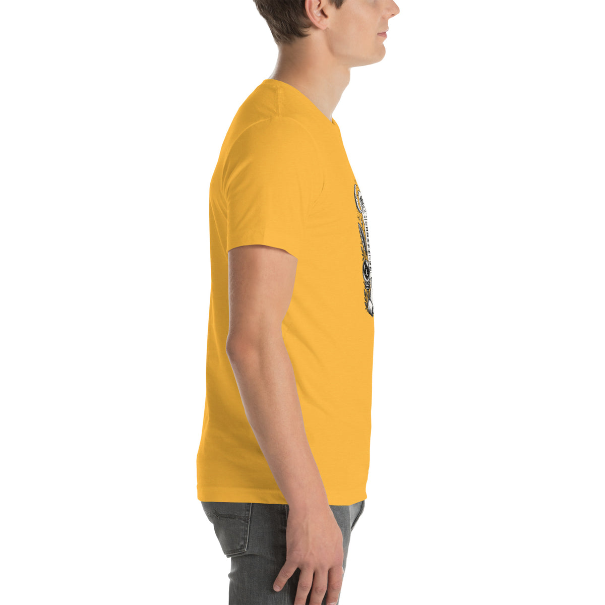 Trust the Signs design, a receipt from the Universe listing the angel numbers and their meanings, with a crystal ball and a candle, on a heather yellow gold unisex t-shirt, right side view