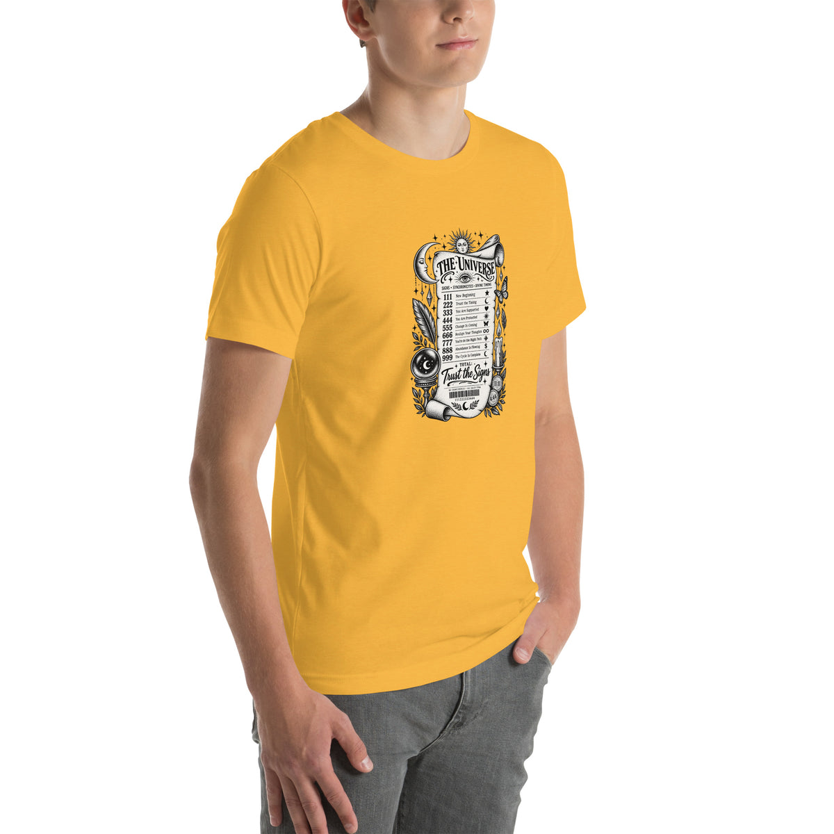 Trust the Signs design, a receipt from the Universe listing the angel numbers and their meanings, with a crystal ball and a candle, on a heather yellow gold unisex t-shirt, angled right front view