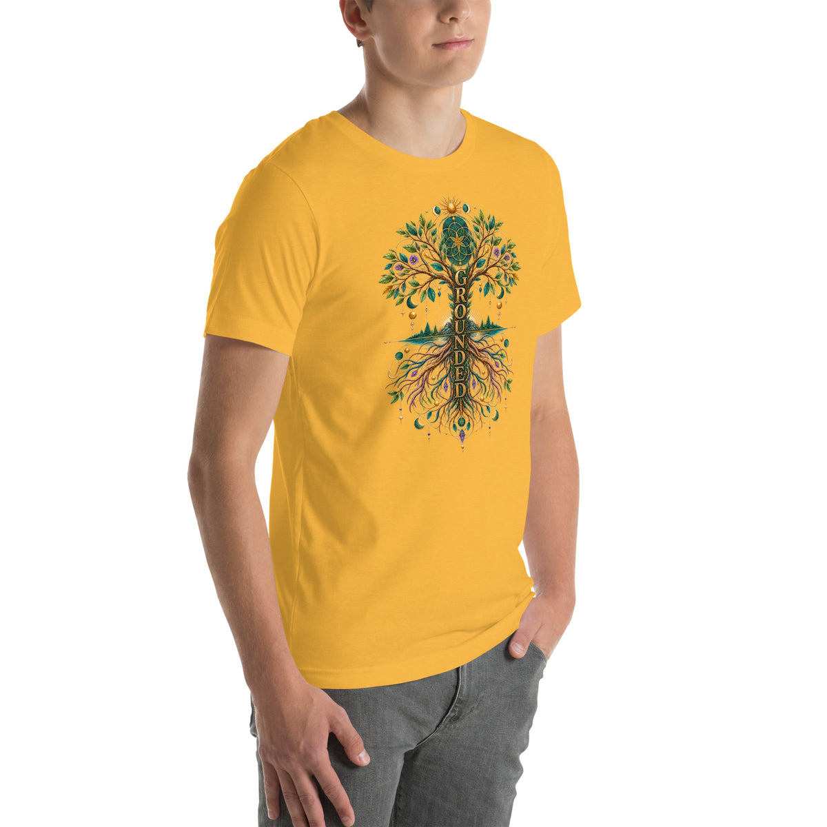 Grounded in Divine Energy design, on a heather yellow gold unisex t-shirt, angled right front view