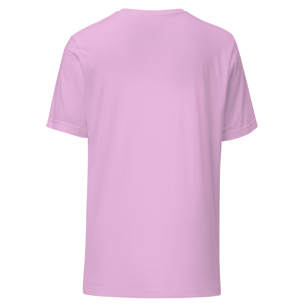 555 Becoming Is The Magic angel number design, a full moon between two crescents, hung with gold chains and amethyst drops, on a lilac unisex t-shirt, back view