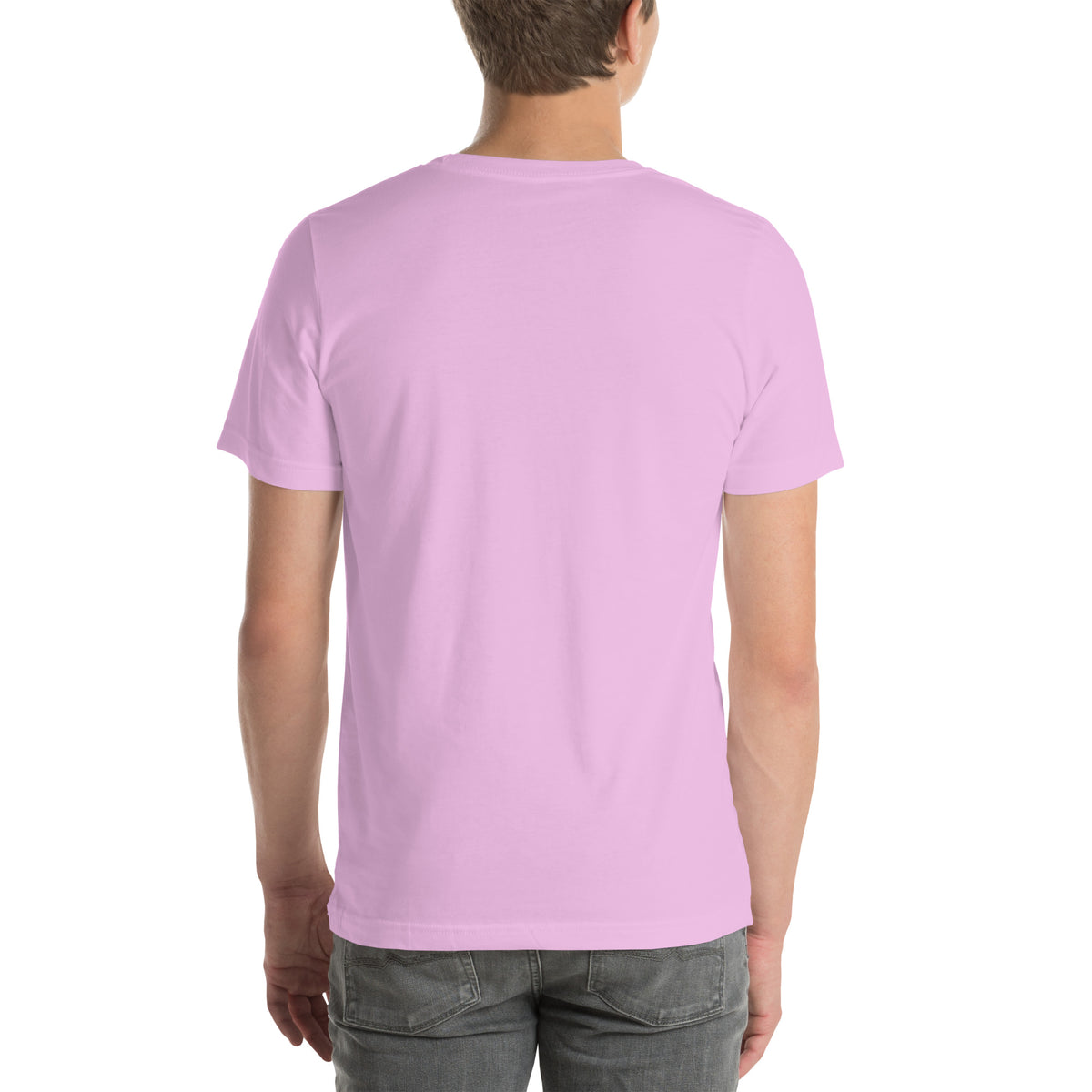 222 Trust The Timing angel number design, two white doves with olive branches, a gold pocket watch and white feathers, on a lilac unisex t-shirt, back view