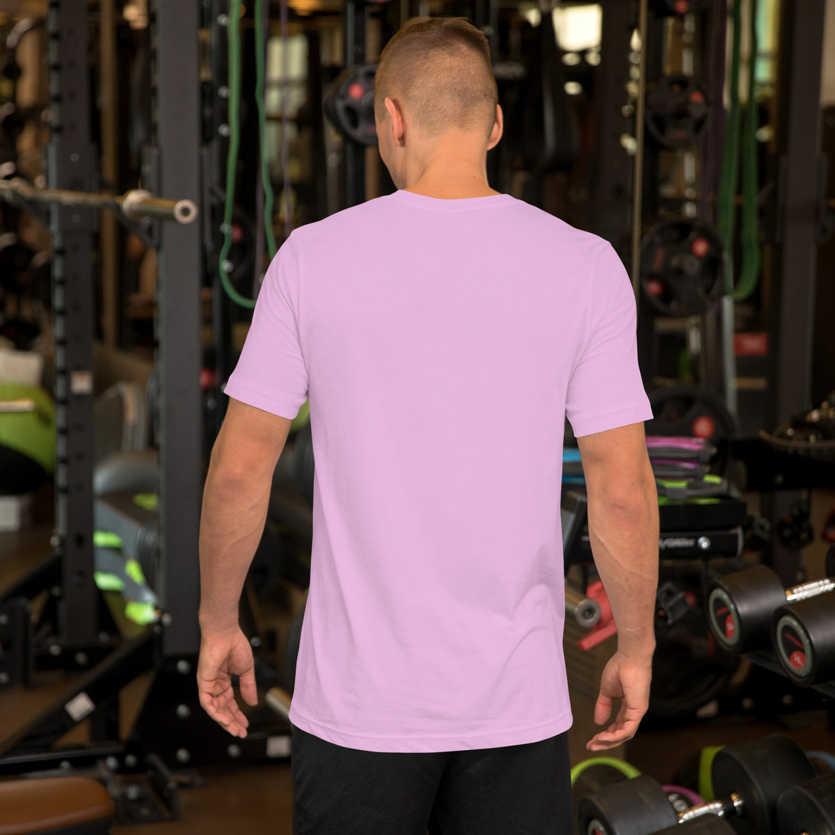 111 Thoughts Become Things angel number design, a golden sunburst with white lotus flowers and amethyst crystals, on a lilac unisex t-shirt, back view