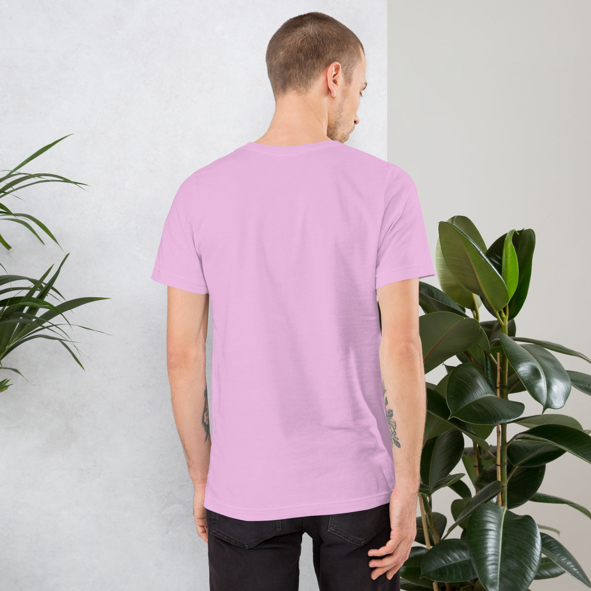 11:11 angel number design, the number set in plain white type above Notice, Align, Receive, on a lilac unisex t-shirt, back view