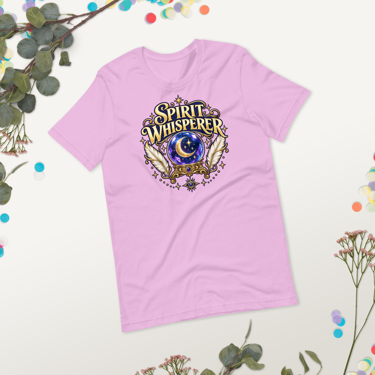 Spirit Whisperer unisex t-shirt in lilac, front view worn, showing the fit.