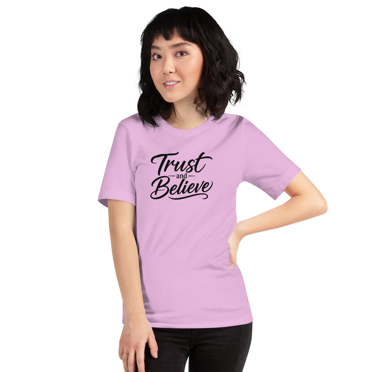 Trust and Believe design in black lettering, on a lilac unisex t-shirt, front view