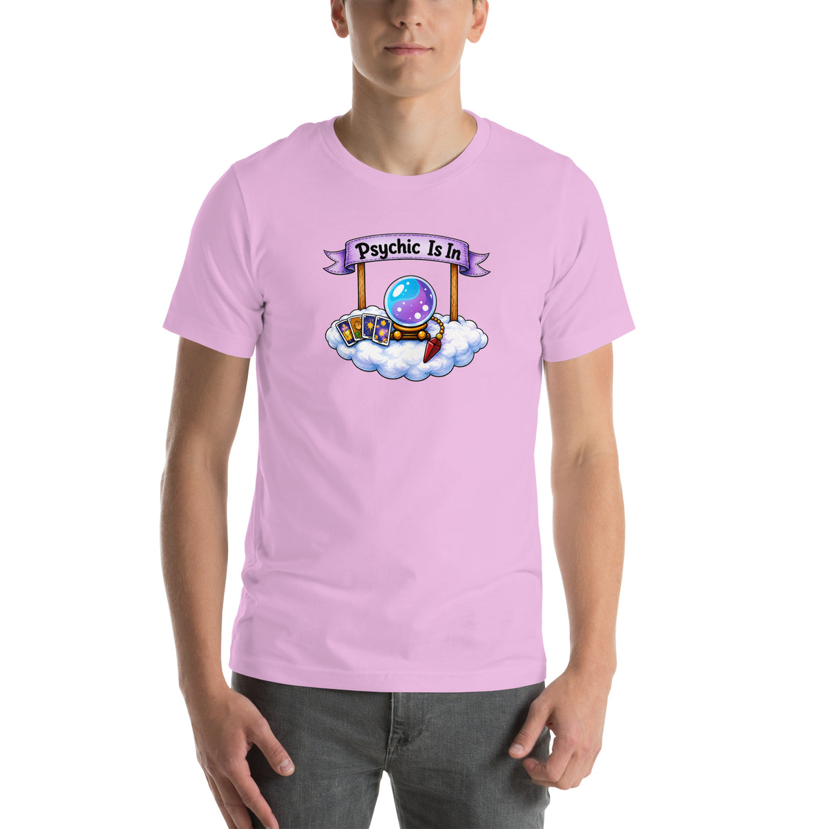 Psychic Is In design, playful floating clouds beneath a banner that reads Psychic Is Open for Business, on a lilac unisex t-shirt, front view