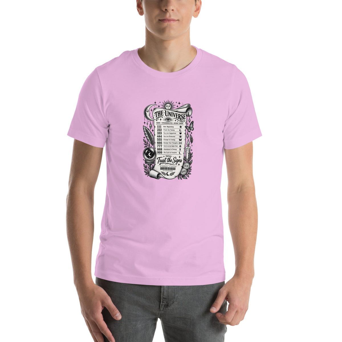 Trust the Signs design, a receipt from the Universe listing the angel numbers and their meanings, with a crystal ball and a candle, on a lilac unisex t-shirt, front view