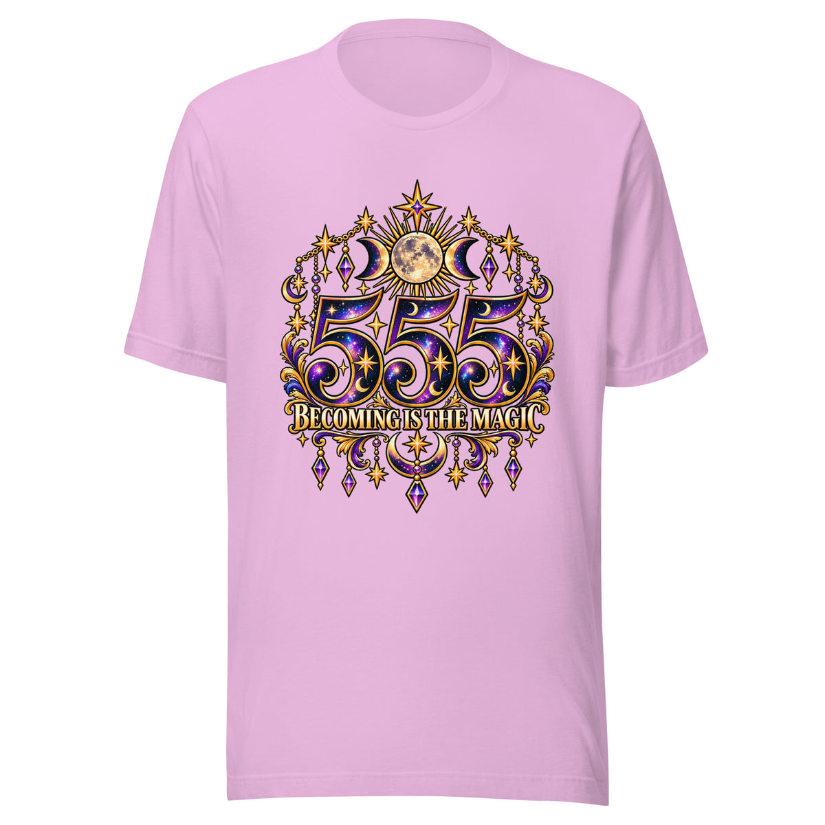 555 Becoming Is The Magic angel number design, a full moon between two crescents, hung with gold chains and amethyst drops, on a lilac unisex t-shirt, front view