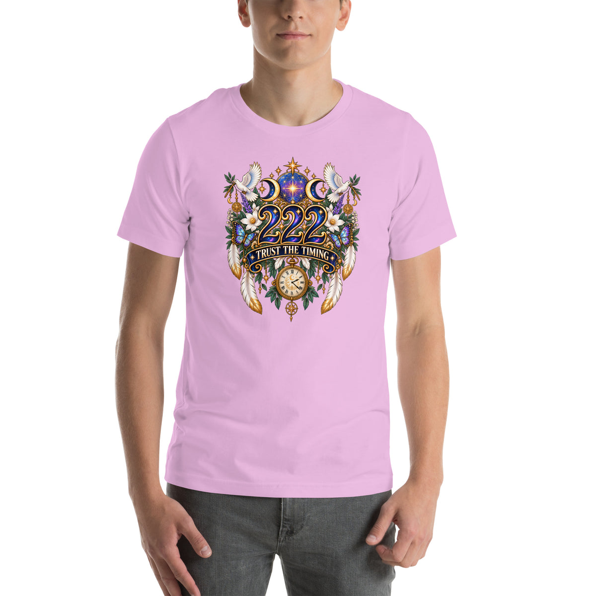222 Trust The Timing angel number design, two white doves with olive branches, a gold pocket watch and white feathers, on a lilac unisex t-shirt, front view