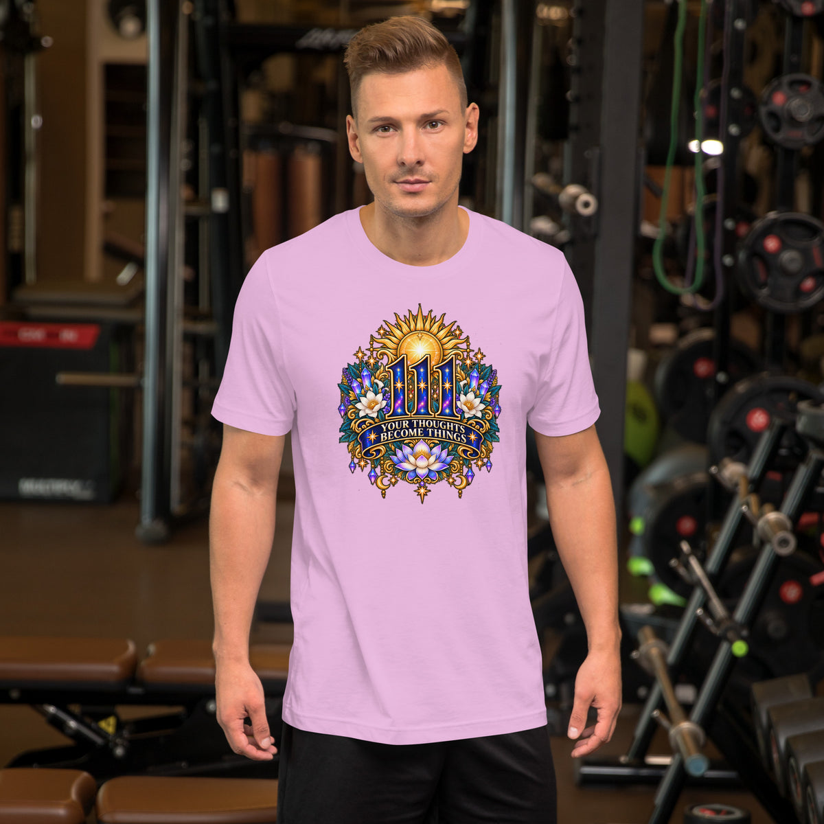 111 Thoughts Become Things angel number design, a golden sunburst with white lotus flowers and amethyst crystals, on a lilac unisex t-shirt, front view