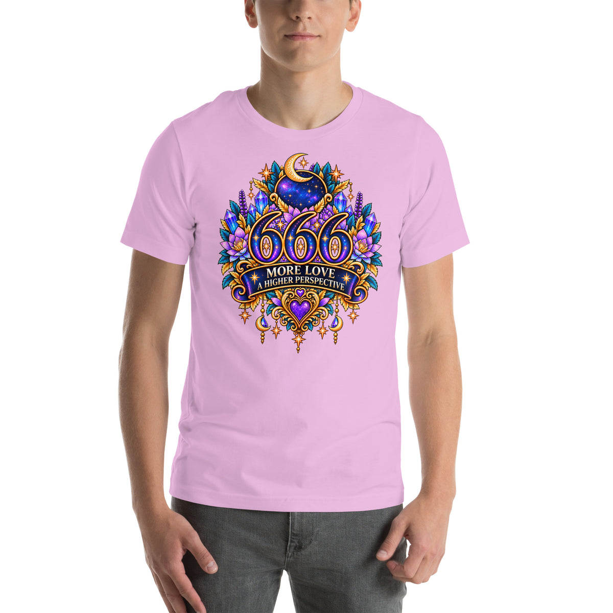666 More Love angel number design, a crescent moon over a starry orb, with purple lotus flowers and blue crystals, on a lilac unisex t-shirt, front view