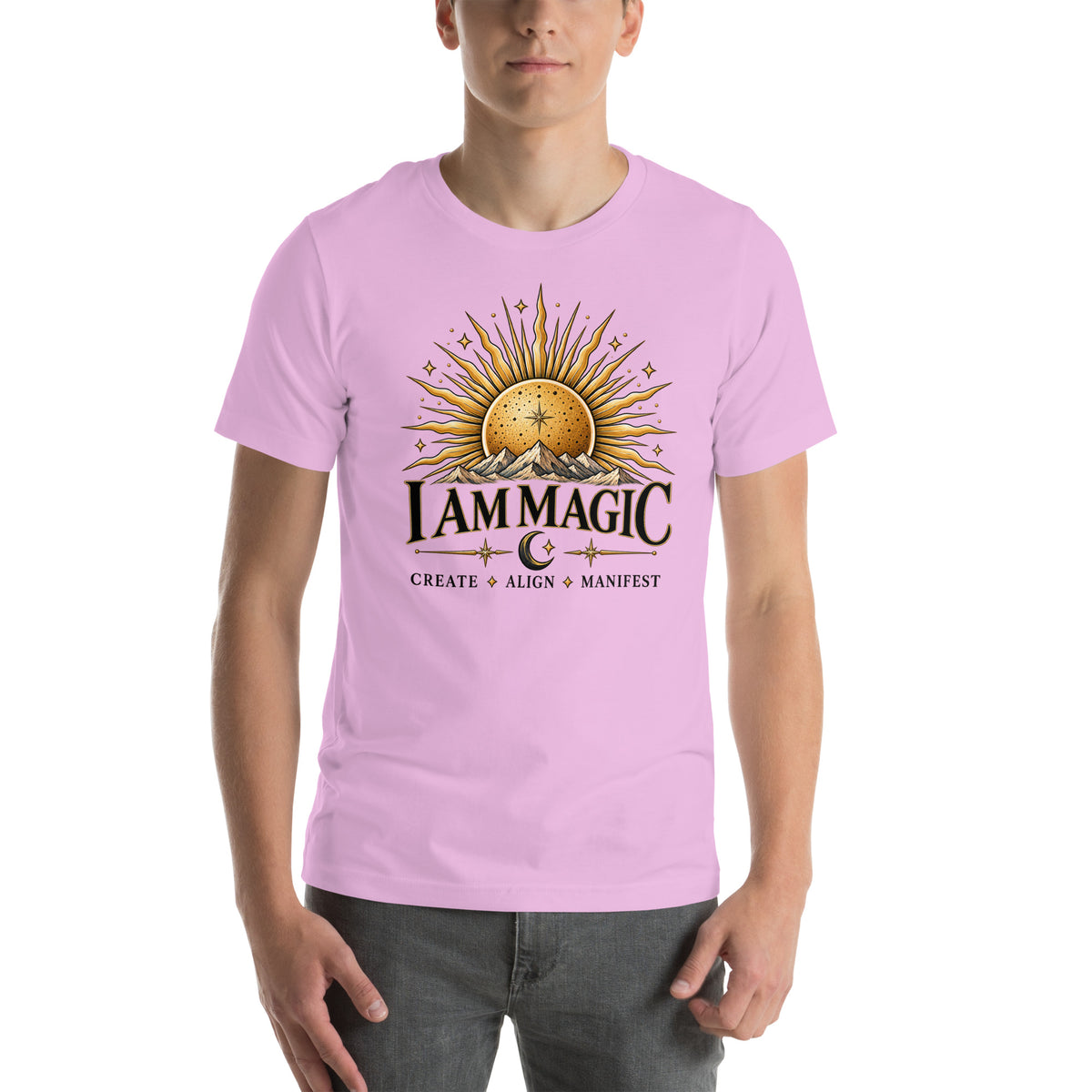 I Am Magic design with a gold sun face, Be Magical collection, on a lilac unisex t-shirt, front view