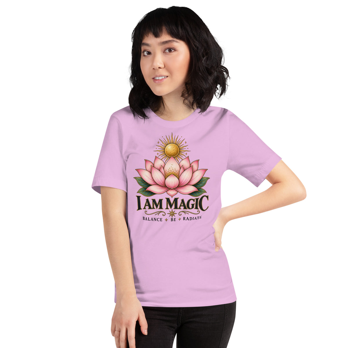 I Am Magic design with a gold lotus, Be Magical collection, on a lilac unisex t-shirt, front view